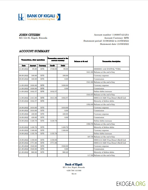 Relevé bancaire de la Rwanda Bank of Kigali, modèle Excel et PDF